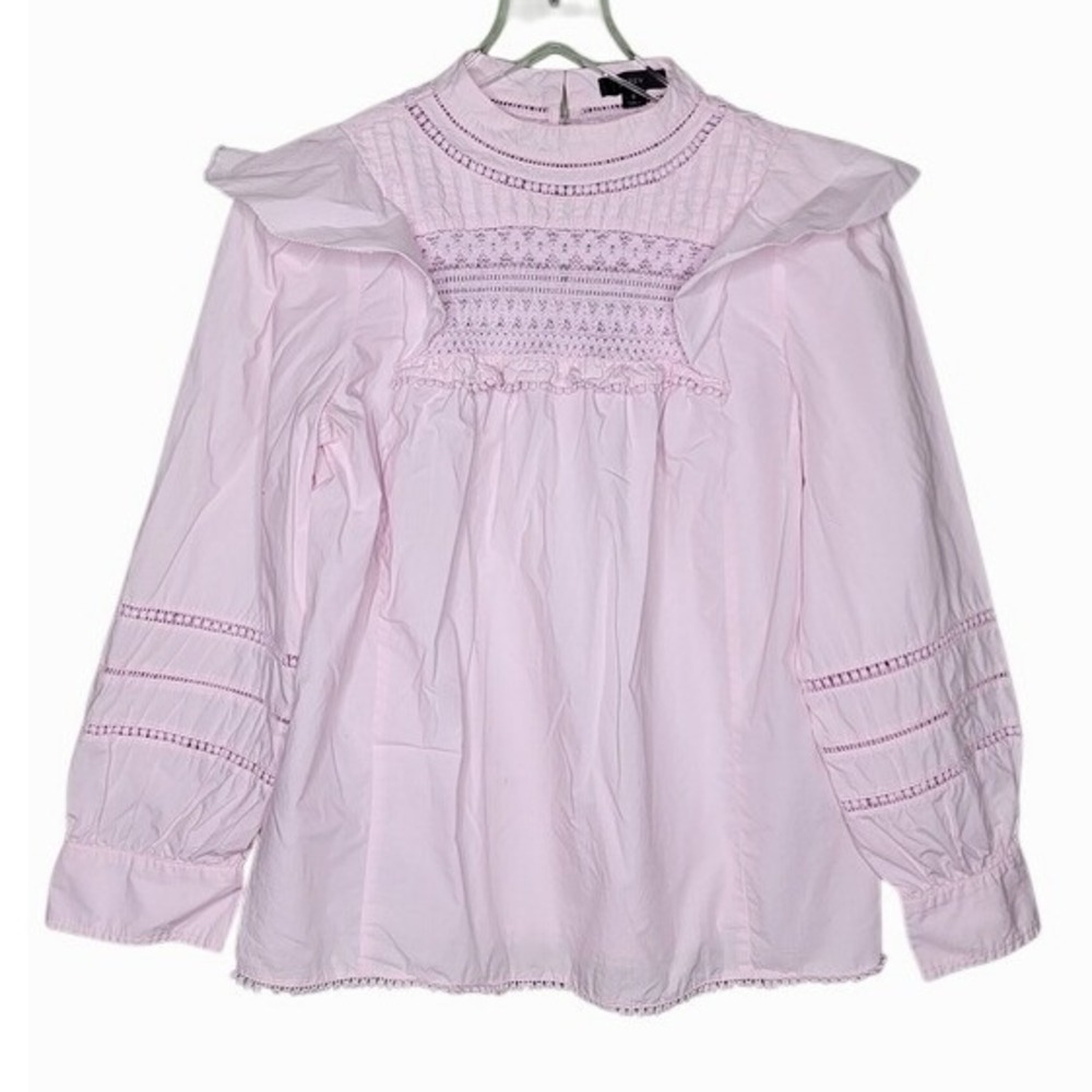 J. Crew Peasant Light Pink Smocked Ruffle Blouse Embroidery Boho Cottage Cotton